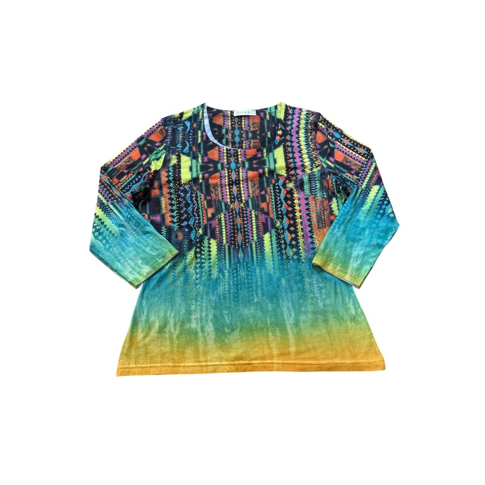 Pierri Top Womens Multicolor Tribal Ombre Rhinestone 3/4 Sleeve SIZE‎ M